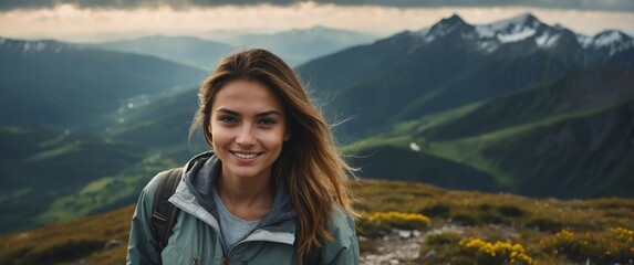 young pretty woman in cloudy top of mountain sunny peak portrait smiling landscape background