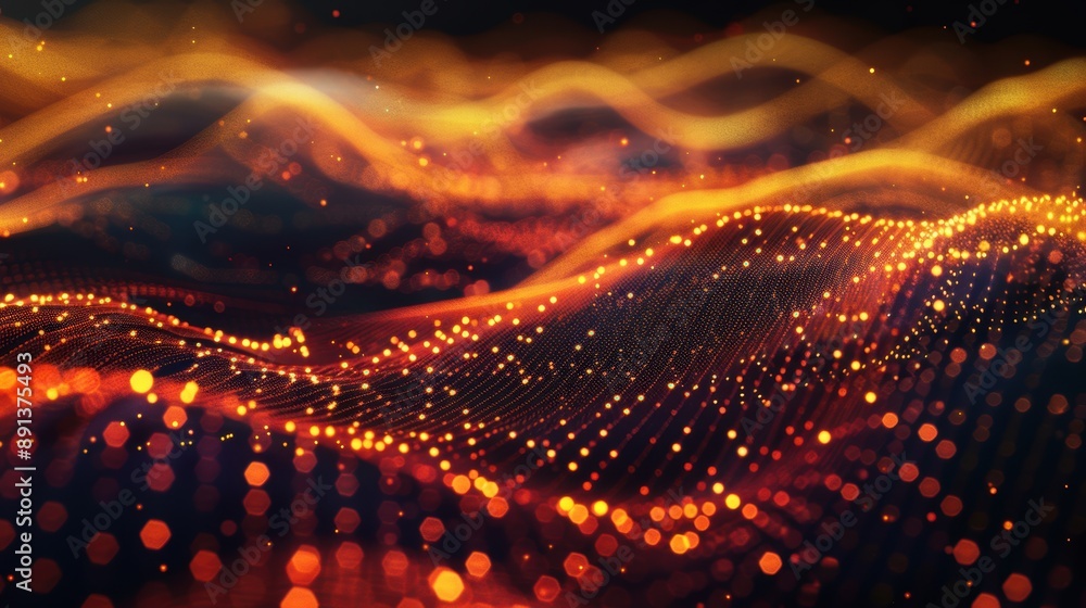 Poster abstract digital waves with orange glowing lights, representing technology and data flow in a futuri