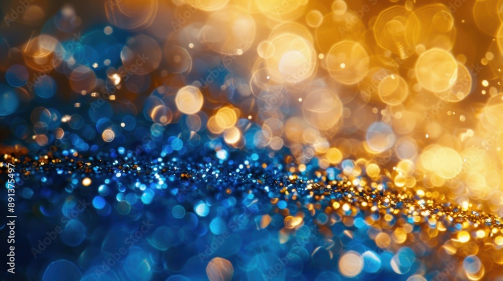 Poster a vibrant display of bokeh lights in blue and gold, creating a festive and celebratory atmosphere pe