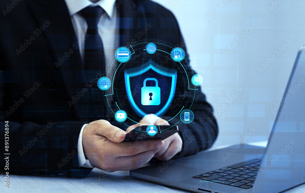 Poster businessman protecting personal data information.cyber security protection concept.protecting hersel