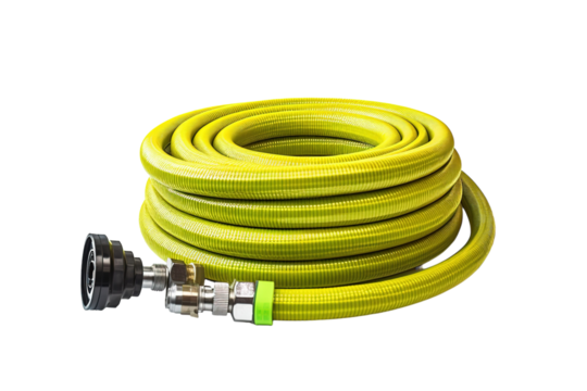 A Bright Yellow Air Hose Coiled and Ready for Action on a Clear PNG or White Background.
