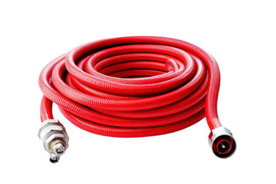 A Coiled Red Hose With Silver Connectors Resting on a White Background on a Clear PNG or White Background.