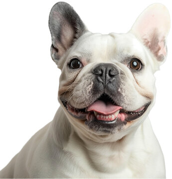 A close-up of a French Bulldog with a light-colored coat and expressive eyes.