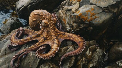 Fototapeta premium An octopus rests on rocks near the ocean, its tentacles curled around the shoreline