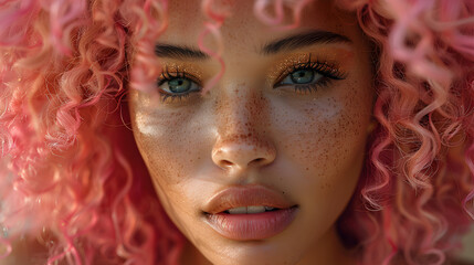 Obraz premium Pink curly hair African girl closeup portrait