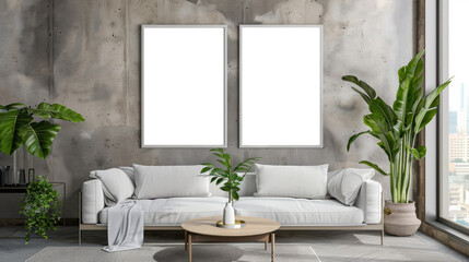 Mock up white blank poster frame in modern living room