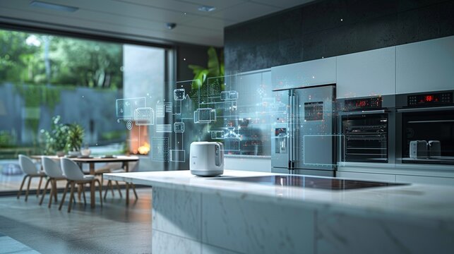 Smart Home Automation, Appliances in a smart home operating autonomously in slow motion, symbolizing integrated and seamless living