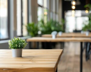Fototapeta premium A cozy cafe with wooden tables, cheerful plants, and natural light creating a warm atmosphere for relaxation and socializing.