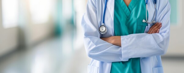 A healthcare professional in scrubs and a stethoscope stands confidently in a hospital corridor, embodying expertise and care.