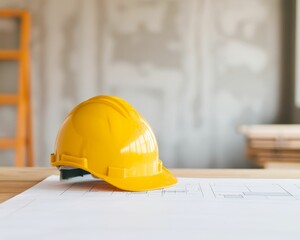 A vibrant yellow hard hat rests on construction plans, symbolizing safety and planning in building projects.