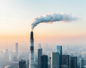 Aerial view of smoke rising from an industrial chimney against a city skyline at sunset, symbolizing pollution and urban life.