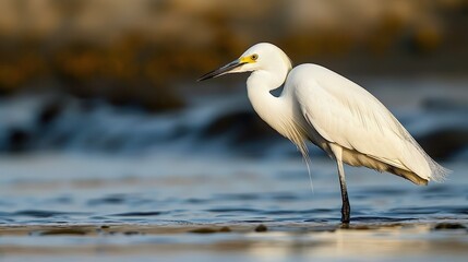 A white egret stands in shallow water, its long legs wading through the blue water. The sun sets in the background, casting a warm glow