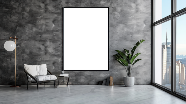 Mock up white blank poster frame in modern living room