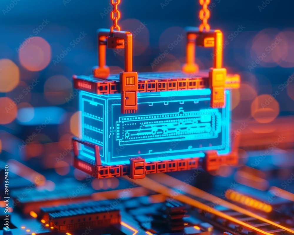Poster futuristic digital container hovering above a circuit board, illuminated with vibrant blue and orang