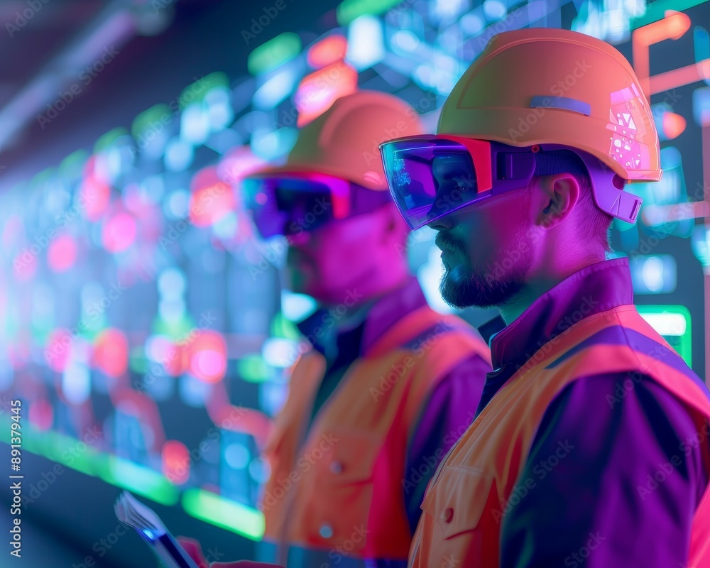 Poster two construction workers in helmets and safety glasses stand in front of a digital display, analyzin