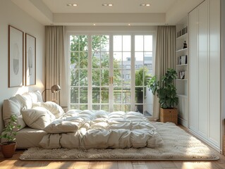 Serene Minimalist Bedroom with Floor Mattress, Wardrobe, and Large Window in Hyper-Realistic 3D Rendering