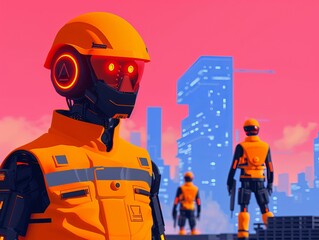 Fototapeta premium Futuristic robot workers in vibrant orange attire stand against a sleek, modern skyline during a colorful sunset.