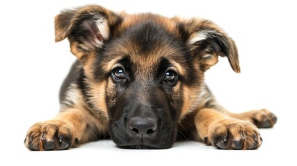 A German Shepherd puppy with adorable floppy ears, isolated on a white background.