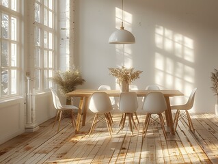 Modern Minimalist 3D Rendering of Bright Dining Area with Wooden Table, White Chairs, and Pendant Light