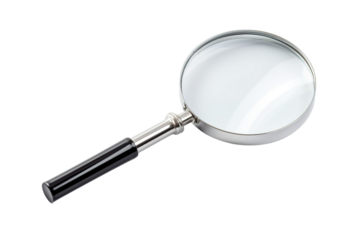 A Silver-Framed Magnifying Glass With A Black Handle on a Clear PNG or White Background.