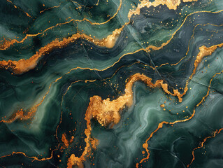beautiful contemporary art in resin art technique. rich green and turquoise lines merge and turn into white and gold streams and blotches of gold stones, creating an imitation of bubbles in sea water