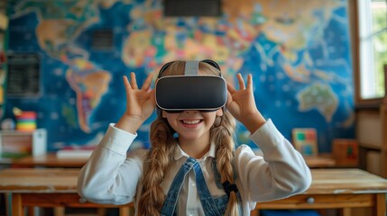 Young Student Exploring Geography Using Virtual Reality Headset In Classroom