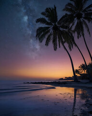 dusk over the ocean in unpopulated area with clouds and palm trees, seashore 