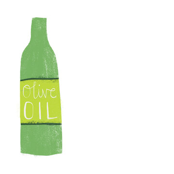 Illustration of olive oil bottle, including hand-lettered writing saying &lsquo;olive oil&rsquo;