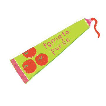 Illustration of tomato pur&eacute;e tube, with hand lettering of words &lsquo;tomato pur&eacute;e&rsquo;, isolated