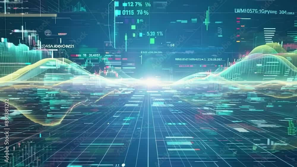 Poster gliding through a matrix of financial data clouds each one containing a wealth of economic informati