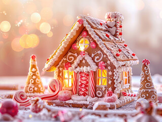 Naklejka premium Festive Gingerbread House with Intricate Candy Decorations