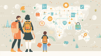 Family planning travel with map and icons, adventure concept