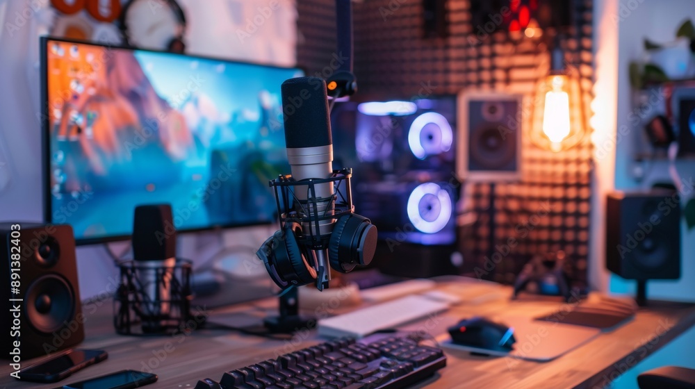 Poster a microphone is on a desk in front of a computer monitor