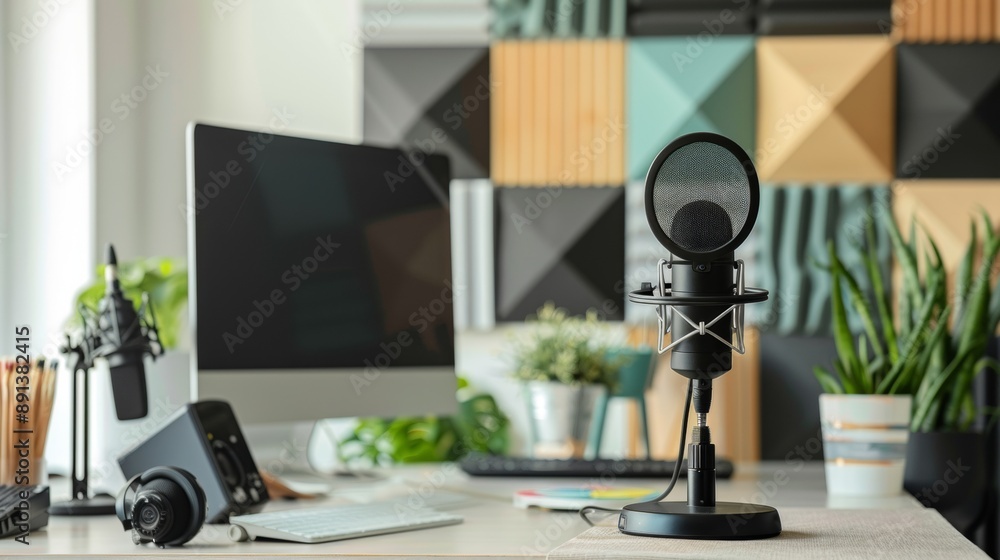 Poster a microphone sits on a desk next to a computer monitor