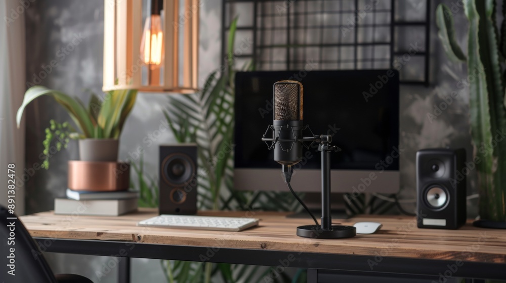 Poster a microphone is on a desk next to a computer monitor