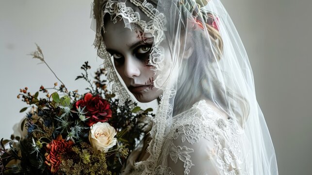 Malevolent zombie bride with a torn wedding gown and veil, holding a wilted bouquet of dead flowers on a white isolated background