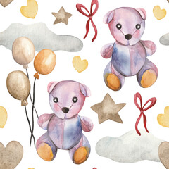 Watercolor pattern featuring adorable teddy bears, yellow hearts, stars, balloons, and red bows on a white background. This whimsical and charming design is perfect for baby products