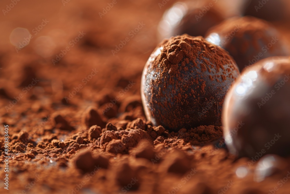 Poster chocolate truffles covered in cocoa powder resting on cocoa powder