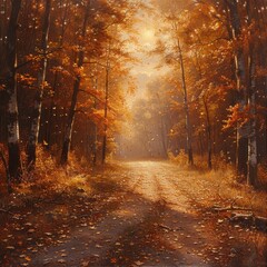 Fototapeta premium Serene Autumn Forest Path Leading through Golden Trees with Falling Leaves - Tranquil Nature Escape in Fall Season