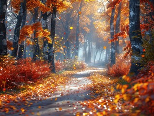 Enchanted Autumn Forest Path - Hyper-realistic 3D Rendering of a Tranquil Pathway Blanketed in Fallen Leaves with Vibrant Foliage and Sunlight Filtering Through Trees