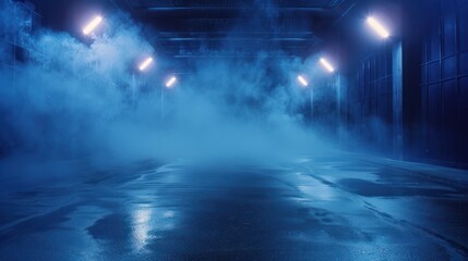 Dark street. asphalt abstract dark blue background. empty dark scene. neon light. spotlights The concrete floor and studio room with smoke float up the interior texture for display products