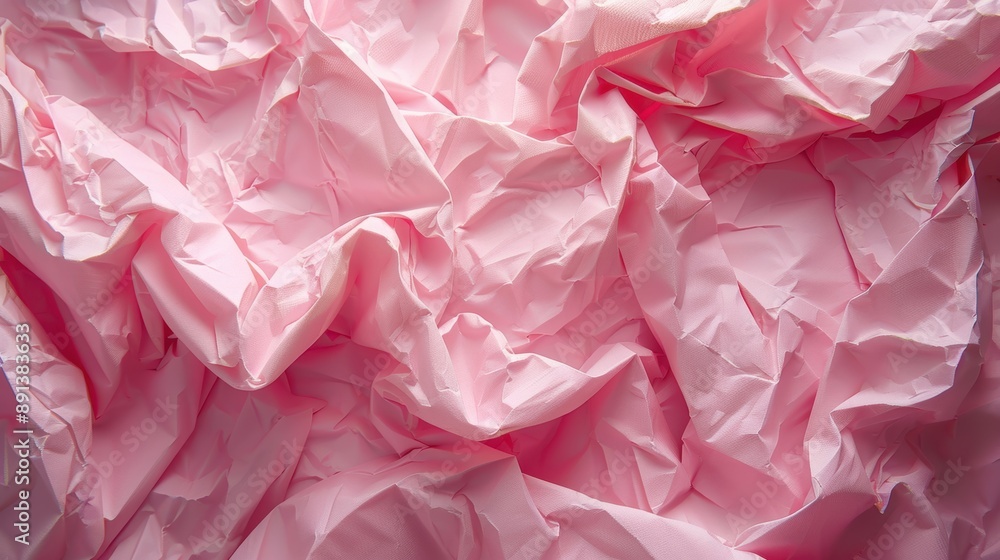 Poster close-up texture of crumpled pink paper, creating an abstract and detailed pattern with soft lightin