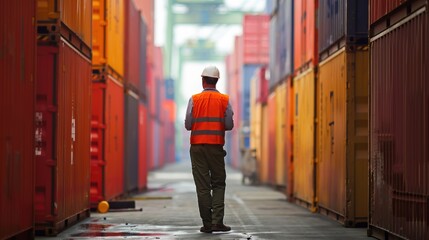 Obraz premium A worker in a safety vest and helmet walking through a shipping container yard, highlighting logistics and transportation industry.