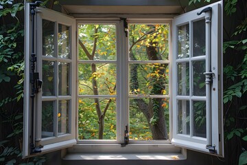 Open Window with Lush Green Trees and Sunlight - Nature, Relaxation, Home Decor Print