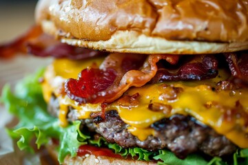 Delicious cheeseburger with crispy bacon being served on table