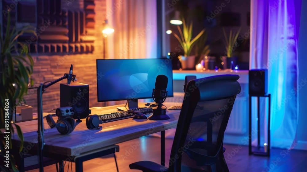 Poster a computer desk with a computer monitor, keyboard, and mouse