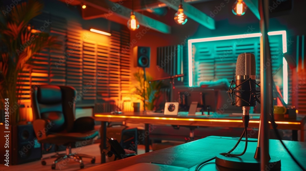 Poster a recording studio with a microphone and a desk