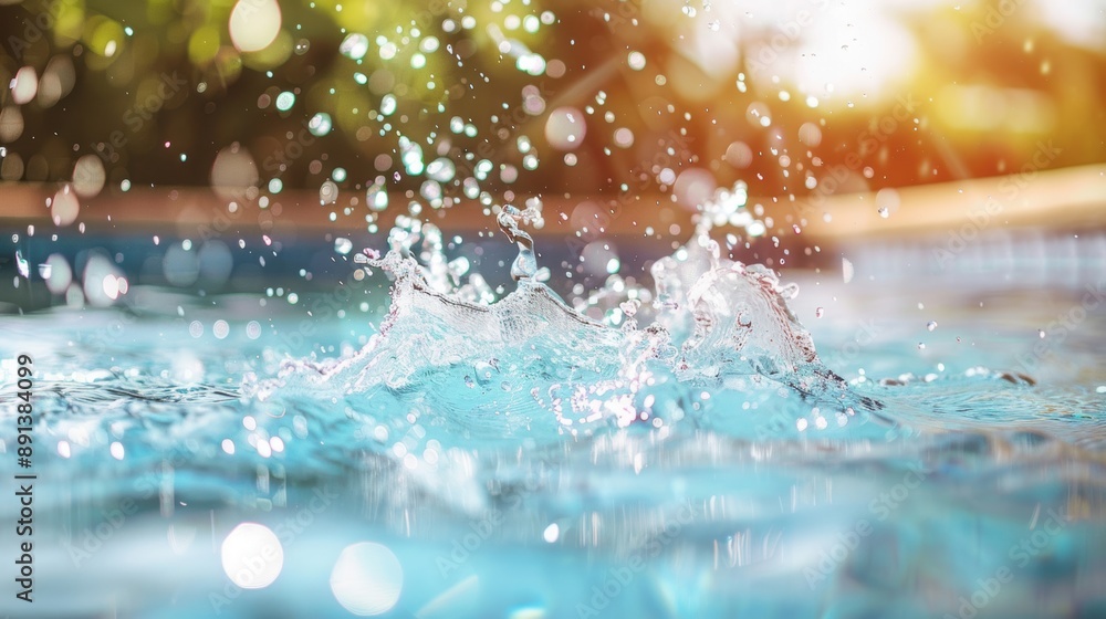 Poster close-up of a splash of water in a swimming pool with sunlight reflecting off the droplets, creating