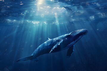 Obraz premium Majestic Humpback Whale Gliding Through Sunlit Ocean Depths
