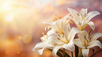 Fototapeta premium Elegant white lilies blooming in soft golden light, capturing their beauty and serene atmosphere.